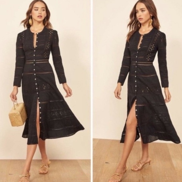 Reformation Dresses & Skirts - Reformation Elsie Lace Panel Pintuck Long-Sleeved Cotton Midi Dress Black Size 2
